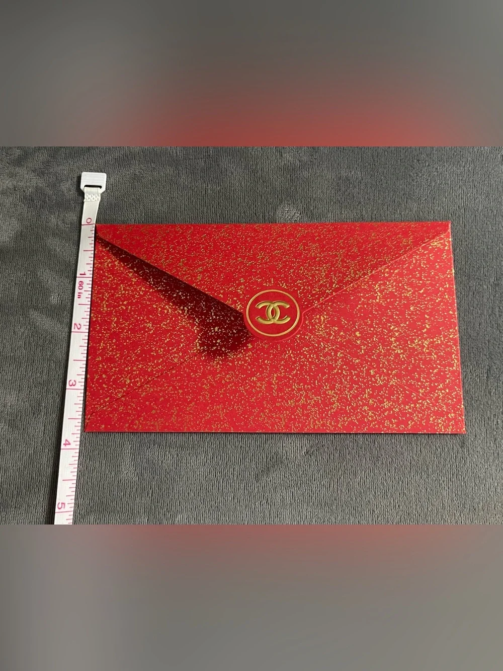 CHANEL Red Glitter Envelope with Gold CC Logo